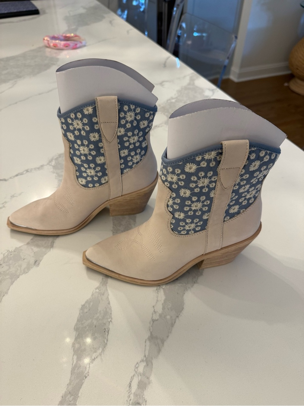 Dolce vita Womens Cream Western Ankle Boots with Blue Floral